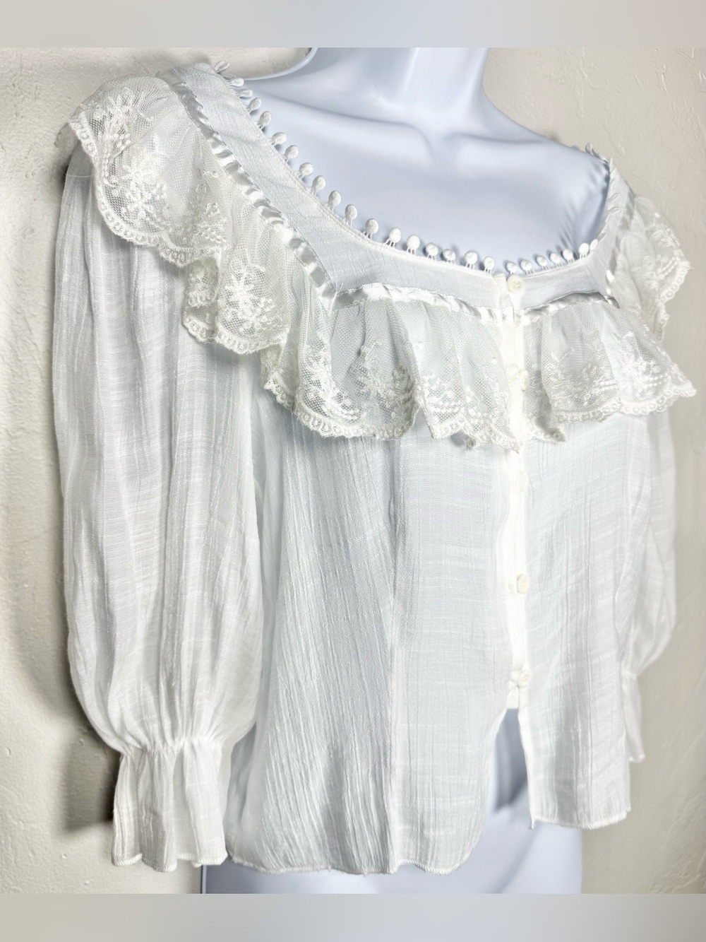 Rebellion White Lace Ruffle Button-Front Blouse - Picture 3 of 10